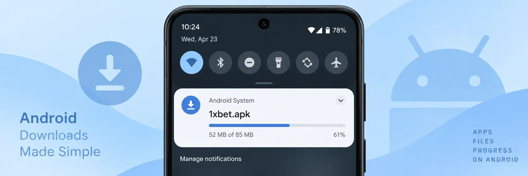 شريط تنزيل أندرويد أثناء نقل ملف 1xbet.apk